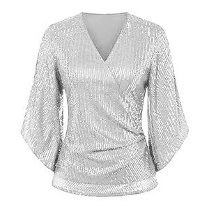 PRiME Summer Tops 2024 Womens Sequin Tops 3/4 Sleeve Glitter Sparkly Party Blouse V Neck Dressy Tops for Evening Party Workout Tops for Women Loose Fit (Silver, XXL) Tunic Tops for Ladies UK Plus Size 18