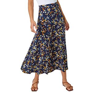 Roman Originals Gathered Skirt for Women UK Ladies Ditsy Floral Print Midi Maxi Long Length Stretchy Pleated Casual Fit Flare Jersey Elasticated Waist Summer Spring - Navy Yellow - Size 10