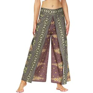 Nuofengkudu Ladies Split Yoga Pants Elasticated High Waisted Long Palazzo Wide Leg Trousers Boho Vintage Patterned Hippie Baggy Breathable Lounge Beach Holiday Party Travel W-Peacock Brown M