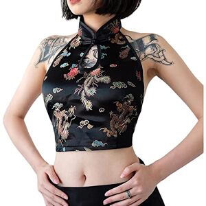 Women's Sleeveless Halter Tie Embroidery Crop Cami Shirt Top Chinese Cheongsam Short top, Black, L