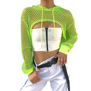 Women Long Sleeve Mesh Fishnet Hoodie Crop Top Cover Up Hollow Out Drawstring Sweatshirt Summer Pullover Green