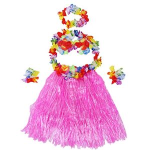 TRITAM 6 Set Hawaiian Grass Skirt flower Hula Lei Wristband Garland fancy Dress costume - Pink