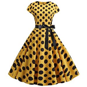 Generic Women's Vintage Cap-Sleeves Dress Polka Dots Prom Swing Cocktail Party Dress Elegant Print Casual Knee-Length Dress, Yellow, Medium