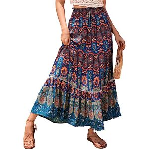 SotRong Maxi Skirt Floral Print Gypsy Skirts for Women UK Elasticated Waist Summer Boho Skirt Ladies Bohemia Long Ruffle A line Summer Dress Blue XL