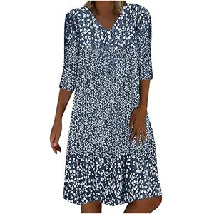 beetleNew Women Summer Floral Print Three Quarters Sleeve Midi Dress Fashion Casual V-Neck Pleated Loose Dress Daily Work Office Dress Beach Sundress for Women UK Size Blue