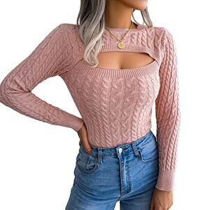 FeMereina Womens Ribbed Knit Cut Out Sweaters Jumper Slim Fit Crop Top Pullovers Cable Knitted Crewneck Sweater Tops (Pink, S)