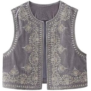 XIXIMAON Women Y2K Embroidered Cardigan Vest Top Sleevelss Linen Open Front Blouse Crop Top Outwear Vest Summer Clothing (Gray, M)