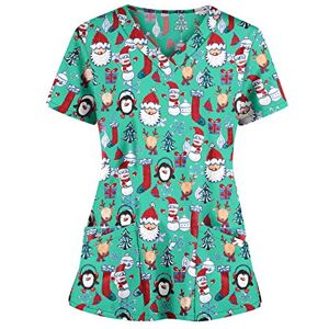 SHITOUJI Christmas Working Uniforms for Women Xmas Scrub Uniform Tunic Tshirts Short Sleeve V Neck Tops Snowman Printing Uniform Blouse Shirts