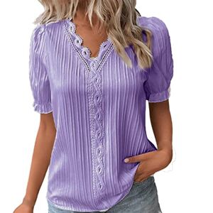 Generic Prime Women Summer Lace V Neck Plain Lace Elegant Shirt Fashion Solid Color Elegant Blouse Short Sleeve Comfy Soft Tee Cotton Top Women Fashion Tunic Tops (Purple-A, XL)