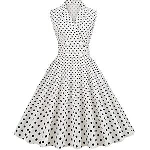 1950s Dresses for Women UK 1940s 50s Style Audrey Hepburn Fancy Vintage Rockabilly Retro Sleeveless Wrap V Neck Polka Dot Swing Summer A Line Dress Cocktail Party Evening Prom Gown White M