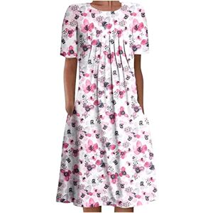 AMhomely Womens Summer Dress Short Sleeve Round Neck Midi Dress Pleated Swing Dress Floral Print Boho Dress Holiday Beach Sundress Skater Dress T Shirt Dress, Z84 Hot Pink, 10