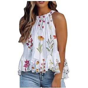 Women Casual Blouse AMhomely Women's Halter Neck Tank Tops Floral Sleeveless Shirt Pleated Casual Camisole Sweatshirt Loose T Shirt Blouses Jumper Henley Shirts Elegant for Ladies UK White