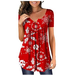 PRiME AMhomely Womens Casual T-Shirts Button Up V Neck Short Sleeve Pleated Tunic Top Christmas Print Swing Tops Blouse Hide Belly Flowy Henley Tshirt Dressy Blouses for Leggings