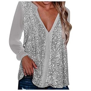 Janly Clearance Sale Women's Blouse, Womens Sexy V-Neck Collar Sequin Color Long Sleeve Fold Navel Casual Blouse Tops (Silver-L)