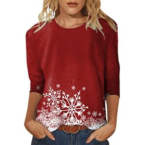 Dantazz Womens Daily Christmas Snowflakes Print O Neck Tops Three Quarter Sleeve Round Neck Tee Shirt Printed Flower Loose Side Split Blouse Tunic 80s Shirt (Wine #3, XXL)