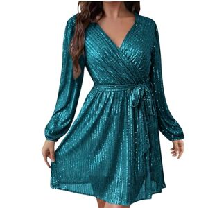 Mothers Day Gifts For Mum Women Sequin Dresses Solid V Neck Lantern Sleeve Sliming Thin Belt Sequin Dress Cocktail Evening Dresses Ladies Spring Summer Long Sleeve Bodycon Dress Party Elegant Pleated Mini Swing Dress S-5XL