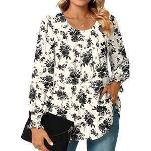 Bestbee Womens Long Sleeve Tunic Tops Dressy Chiffon Blouses Crew-Neck Smocked Cuffs Sleeve Shirts Casual T-Shirts Ladies Pleated Tops, Black Flower Beige, L