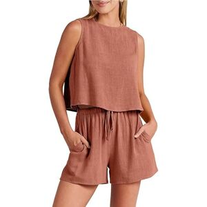 LCDIUDIU Summer Co Ord Sets For Women Linen, Beige Crew Neck Sleeveless Vest Back Button Crop Top Tank Top Shorts Sets 2 Pieces Outfit Lounge Holiday Beach Wear Matching Sets Orange Brown S