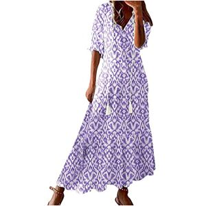 Women's Summer Dress V Neck Boho Maxi Dresses Casual Half Sleeve Long Dress Bohemian Pleated Beach Dress Ladies Flowy Holiday Swing Loose Fit Dresses for Party Evening