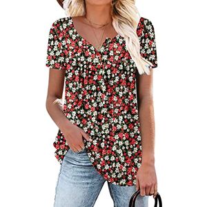 KISSMODA Womens Tunic Tops V Neck Button Up Henley Shirt Casual Floral Printed T-Shirt Blouses Redwhite XLarge