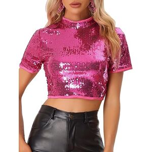 Allegra K Women's Sequin Crop Top Sparkle Glitter Short Sleeve Shinning T Shirt Club Blouse Rose Red 16