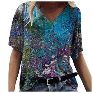 Janly Clearance Sale Women's Floral Print Tops, Ladies V-Neck Flower Scenic T-Shirt Plus Size, Summer Casual Blouse Long Sleeve Shirt, Easter St Patrick's Day Deal, Yblue 1, XL