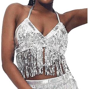 Windsfinr Women's Metallic Rave Outfit Sequin Silver Crop Top Bra Skirt Shiny Fringe Tassel Bikini Music Festival Dance Club Night Halloween Carnival Party Costume