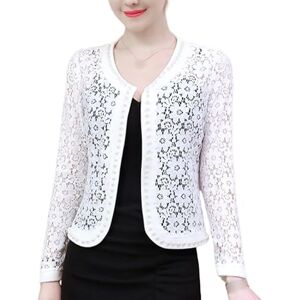 Liru Shrug Womens Bolero Cardigan,Summer Short Coat Round Neck Lace Hollow Out Shrug Women'S Long Sleeves Shrug Elegant Shoulder Jacket See Through Open Front Cover-Up For Wedding,White,S