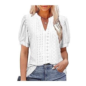 ASIYAN Tshirt Women's Short Sleeve Summer Top V-Neck Casual Summer Hollow Bubble Sleeve Loose Tops Casual Shirts Womens Casual (Color : White, Size : 4XL)