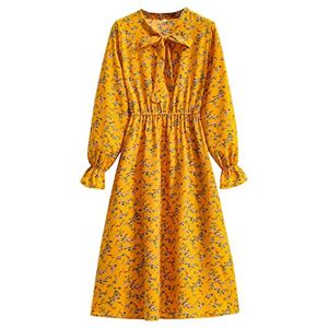 Janly Clearance Sale Women's Dress, Women Floral Chiffon Long Sleeve Printing Casual Party Vintage Boho Maxi Dress, for Holiday Summer (Yellow-L