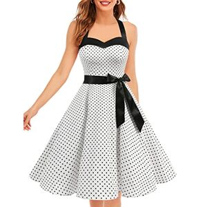 DRESSTELLS Women Vintage 1950s Cocktail Prom Polka Dot Dress, 50s 60s Retro Pinup Formal Wedding Party Halter Rockabilly Swing Dress White Small Black Dot 2XL