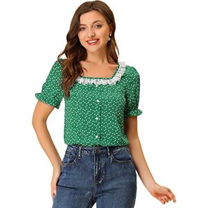 Allegra K Women's Square Neck Button Ruffle Sleeve Love Heart Printed Blouse Top Green 12