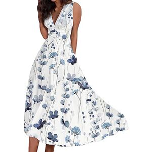 Tee Length Dress Womens New Casual V Neck High Waist Sleeveless Printed Vest Dress Office Dress with Sleeves (Blue, L)