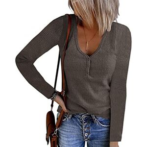 Buetory Womens Tops Fall 2021, Women Long Sleeve Henley T Shirts Button Down Slim Fit Casual Tops V-Neck Ribbed Knit Tunic Shirts(Khaki,Large)