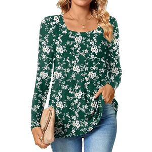 TAOHUADAO Womens 2024 Fall Casual T-Shirts Square Neck Long Sleeve Tunic Tops Loose Comfy Blouses Large, Small Flower-Green