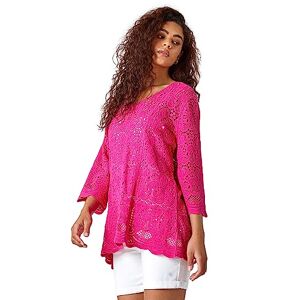 Roman Cotton Crochet Tunic for Women UK Ladies Cotton Lace Top Blouse Crinkle Embroidered Eyelet Broderie Anglaise Spring Summer Beach Holiday Cool Loose Jumper Cover Up - Pink - Size 20