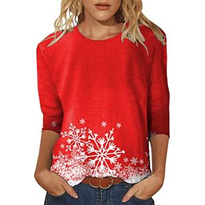 Dantazz Womens Daily Christmas Snowflakes Print O Neck Tops Three Quarter Sleeve Round Neck Tee Shirt Printed Flower Loose Side Split Blouse Tunic 80s Shirt (Red #3, L)