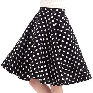 Skirts for Women UK Summer Ladies Elasticated Waist Vintage 1940s Audrey Hepburn 50s Polka Dot Floral Adult A Line Tutu Pleated Skater Midi Skirt 1950s Fancy Cocktail Swing Dress Black Polka Dots M