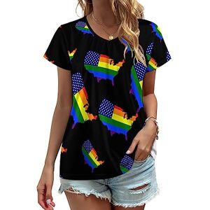 Songting US Gay Pirde Rainbow Map Flag Womens V Neck T Shirts Cute Graphic Short Sleeve Casual Tee Tops M