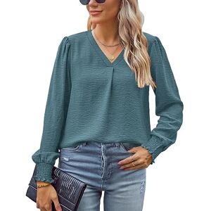 Sampeel Blouses for Women Long Sleeve Tops Ladies V Neck Tunic Casual Shirts Pleated Green Size 22-24