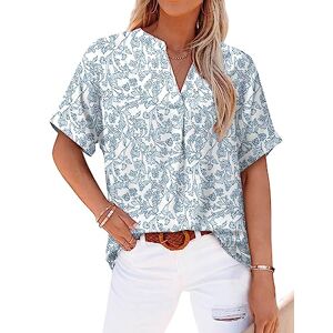 Women Blouse Ladies Summer V Neck Shirt Short Sleeve Floral Printed Work Loose Flowy Tops Fashion Casual Baggy Blouses White Outline Medium