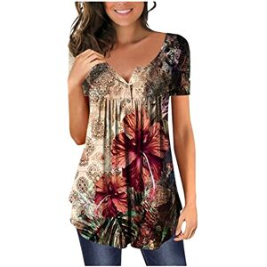 Clearance!Hot Sale!Cheap!Prime Day 2023! AMhomely Summer Tops for Women V Neck Henley Short Sleeve Pleated Casual Flowy T Shirts Floral Printed Summer Tunic Blouse Tops Plus Size T-Shirt Dressy Casual Blouses Tops Basic Tops