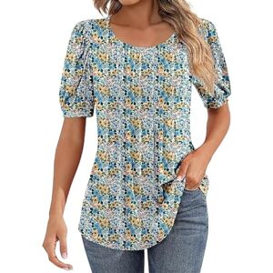 Clodeeu Women's Casual T Shirts Round Neck Puff Short Sleeve Summer Pleated Tops Floral Print Baggy Blouse Elegant Going Out Tees Yellow