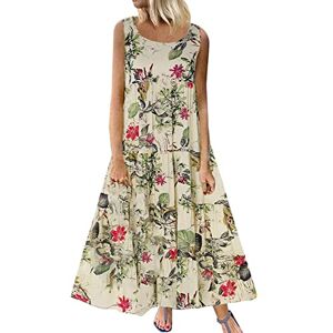 Briskorry Women's Summer Dress, Cotton Linen Beach Dresses, Sleeveless Round Neck Maxi Dress, Long Floral Pattern, Bohemian Style Dress, Large Sizes, Casual Dress