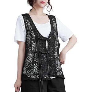 RWGSNB 2Pcs Women'S Boho Crochet Lace Cropped Top Summer Hollow Out Sleeveless Waistcoat Crew Neck T-Shirt Set Ethnic Button Cardigan Beach Cover Up Gilet Black Xs