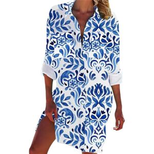 BOTCAM Women's Short Sleeve Blouse in 44 Women's Long Shirt with Seaside Print and Pockets Short Sleeve Blouse Women, blue, XXXL