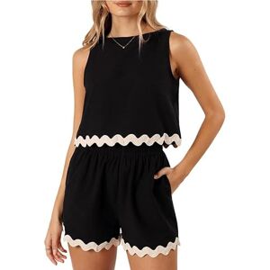 LCDIUDIU Linen Shorts Co Ord Sets For Women, Black Boat Neck Sleeveless Vest Ripple Hem Crop Top Tank Top Shorts Sets Lounge 2 Piece Outfits Going Out Holiday Beach Wear Sets Black L