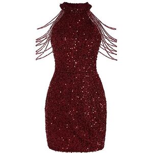 VEMOW Women Dresses Halter Neck Sleeveless Sequin Party Dress High Waist Bodycon Dress Slim Fit Costume Hip Package Dresses Mini Evening Dress Beaded Tassel Glitter Club Dress(B Wine,XL)