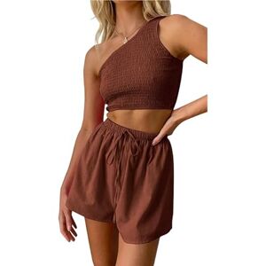 LCDIUDIU Womens Shorts Co Ord Sets Summer Sexy One Shoulder Tank Top, Rose Pink Elastic Slim Fit Backless Sleeveless Vest T-Shirt 2 Piece Outfit Lounge Wear Matching Sets For Holiday Beach Brown M