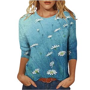 Amhomley Women Long Sleeve Tunic Shirts AMhomely Tops for Women UK Plus Size Elegant 3/4 Sleeve Round Neck Tops Blouses Lighweight Streetwear Floral Print Loose Fit Comfy T Shirts Fitness Golf Shirt 233 Sky Blue XXL